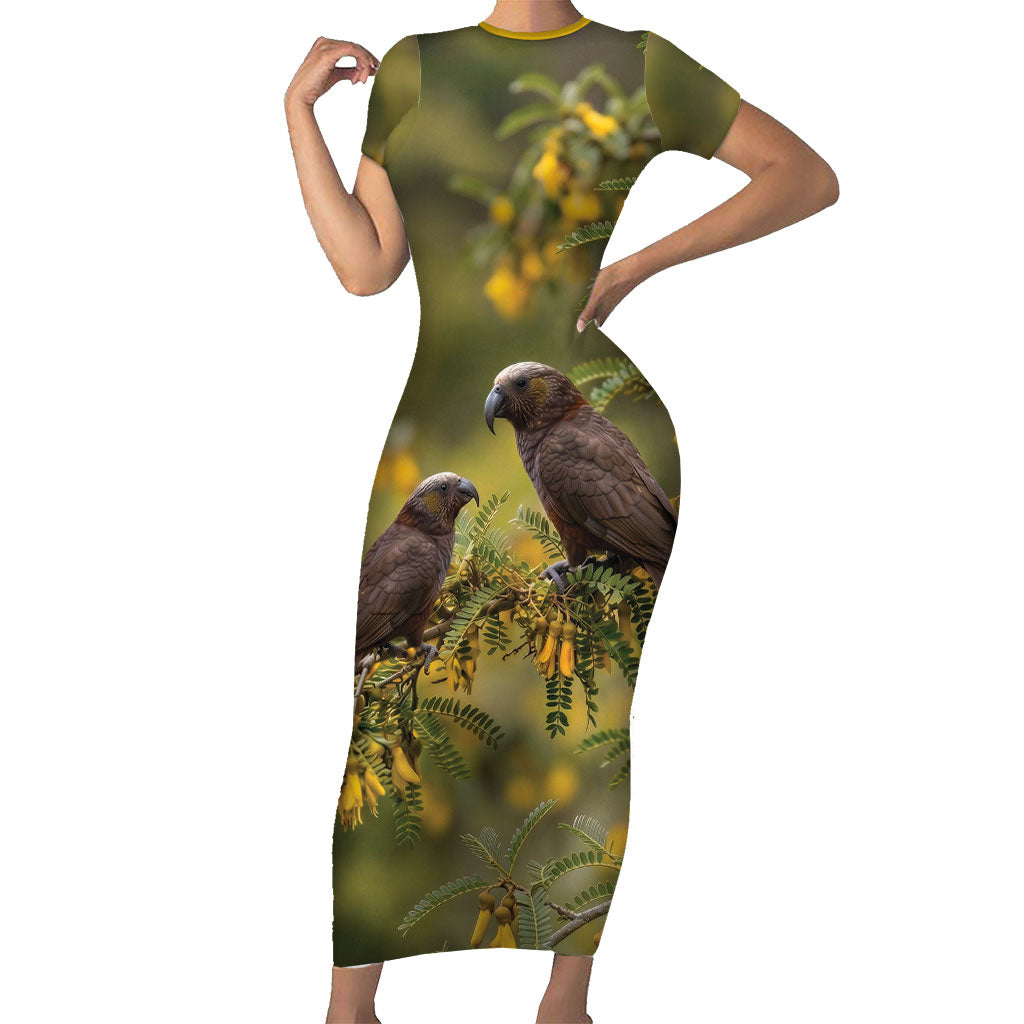 New Zealand Kaka Bird Family Matching Short Sleeve Bodycon Dress and Hawaiian Shirt Kowhai Flower Landscape Style