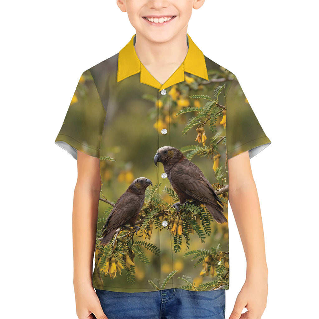 New Zealand Kaka Bird Family Matching Short Sleeve Bodycon Dress and Hawaiian Shirt Kowhai Flower Landscape Style