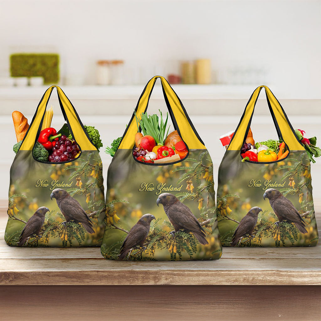 New Zealand Kaka Bird Grocery Bag Kowhai Flower Landscape Style LT22 3-pack One Size Green - Polynesian Pride