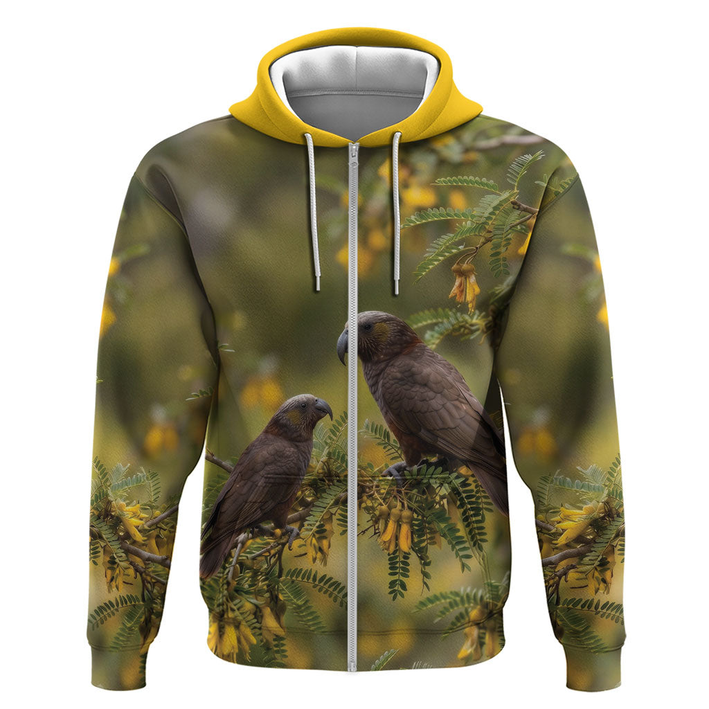 New Zealand Kaka Bird Hoodie Kowhai Flower Landscape Style LT22 Zip Hoodie Green - Polynesian Pride