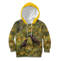 New Zealand Kaka Bird Kid Hoodie Kowhai Flower Landscape Style LT22 Hoodie Green - Polynesian Pride