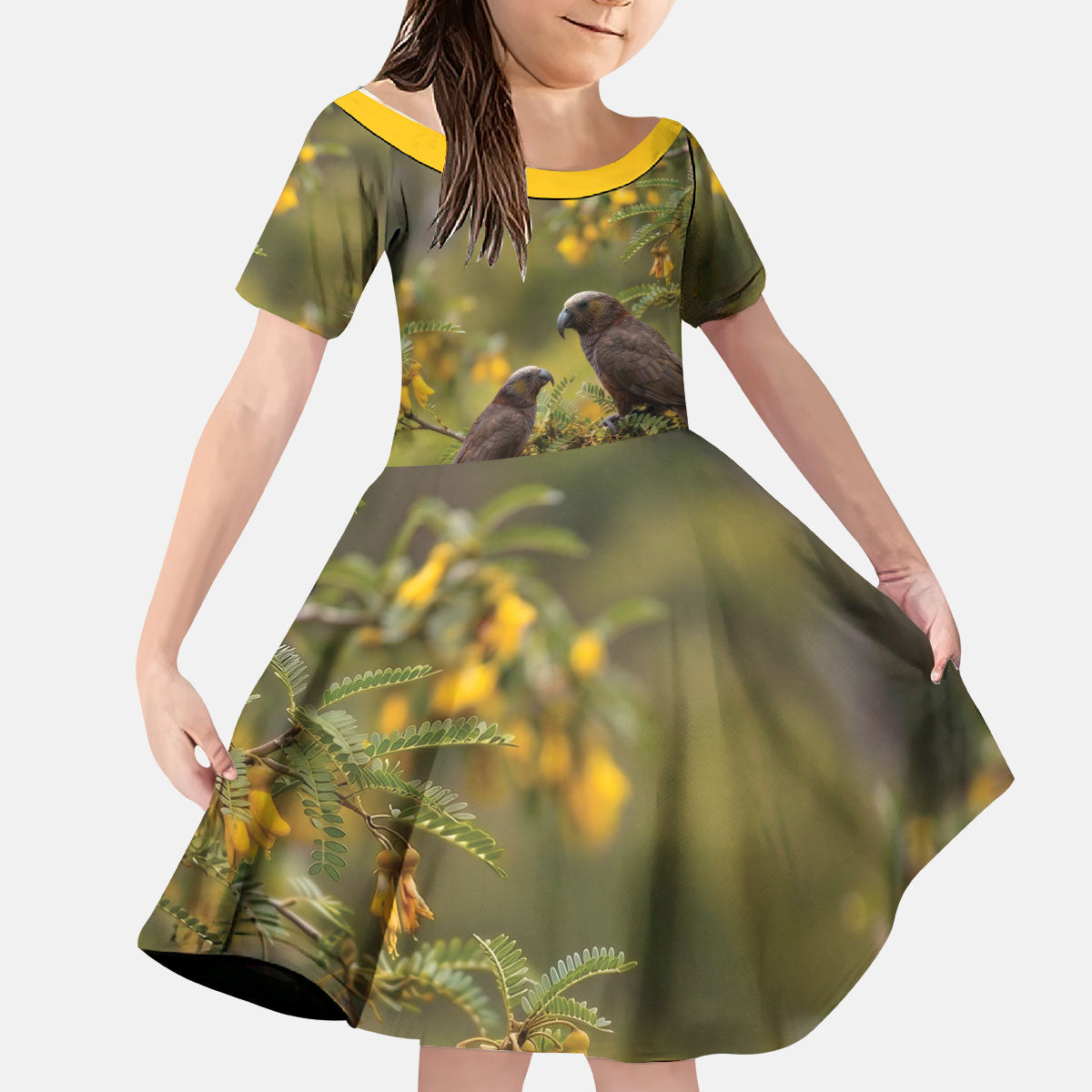 New Zealand Kaka Bird Kid Short Sleeve Dress Kowhai Flower Landscape Style
