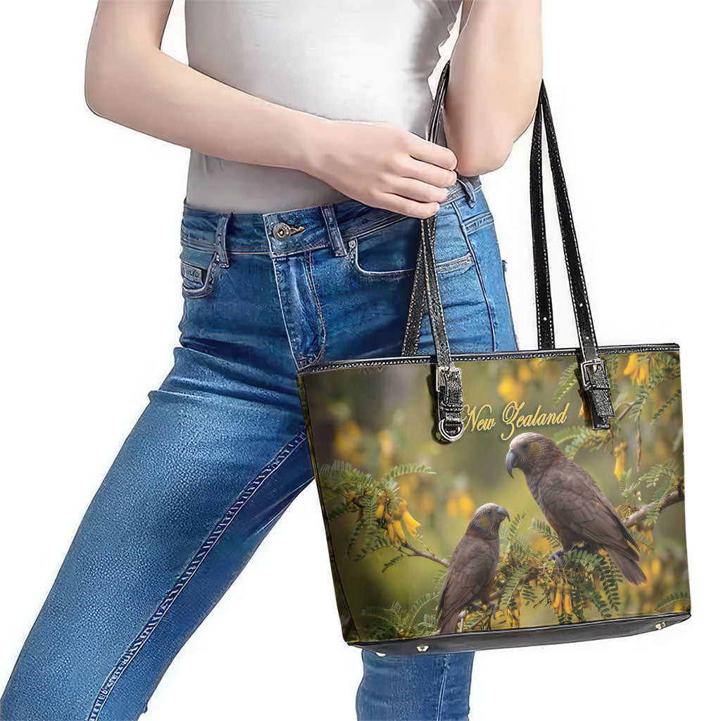 New Zealand Kaka Bird Leather Tote Bag Kowhai Flower Landscape Style LT22 - Polynesian Pride