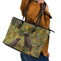 New Zealand Kaka Bird Leather Tote Bag Kowhai Flower Landscape Style LT22 - Polynesian Pride