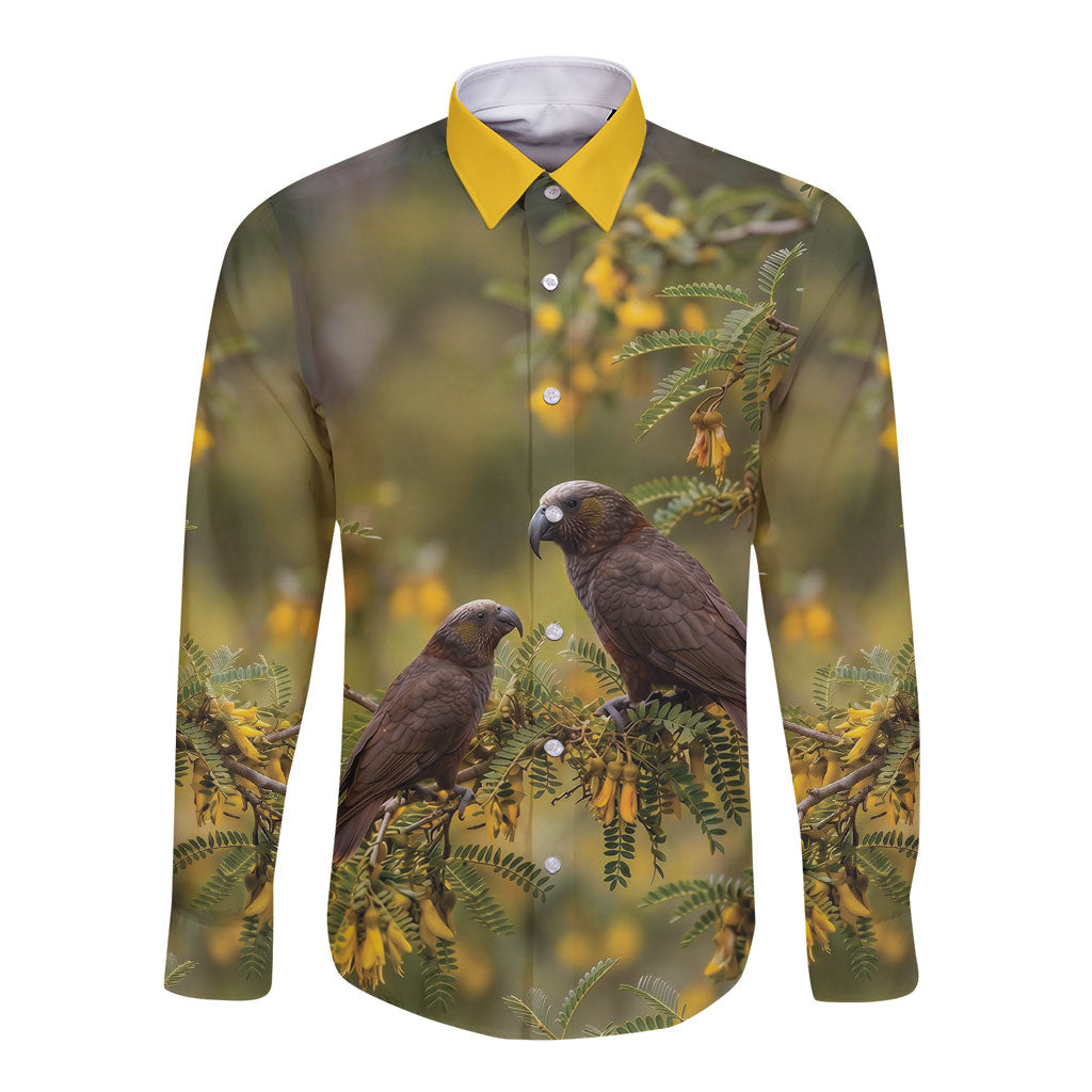 New Zealand Kaka Bird Long Sleeve Button Shirt Kowhai Flower Landscape Style