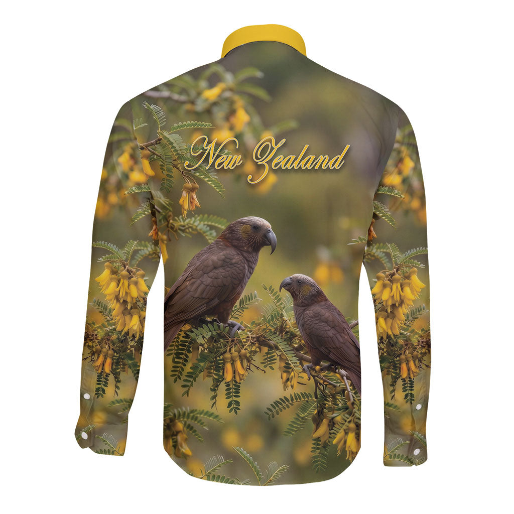 New Zealand Kaka Bird Long Sleeve Button Shirt Kowhai Flower Landscape Style LT22 - Polynesian Pride