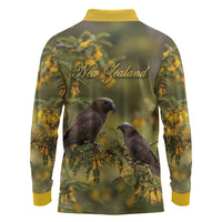 New Zealand Kaka Bird Long Sleeve Polo Shirt Kowhai Flower Landscape Style