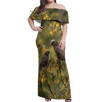 New Zealand Kaka Bird Off Shoulder Maxi Dress Kowhai Flower Landscape Style