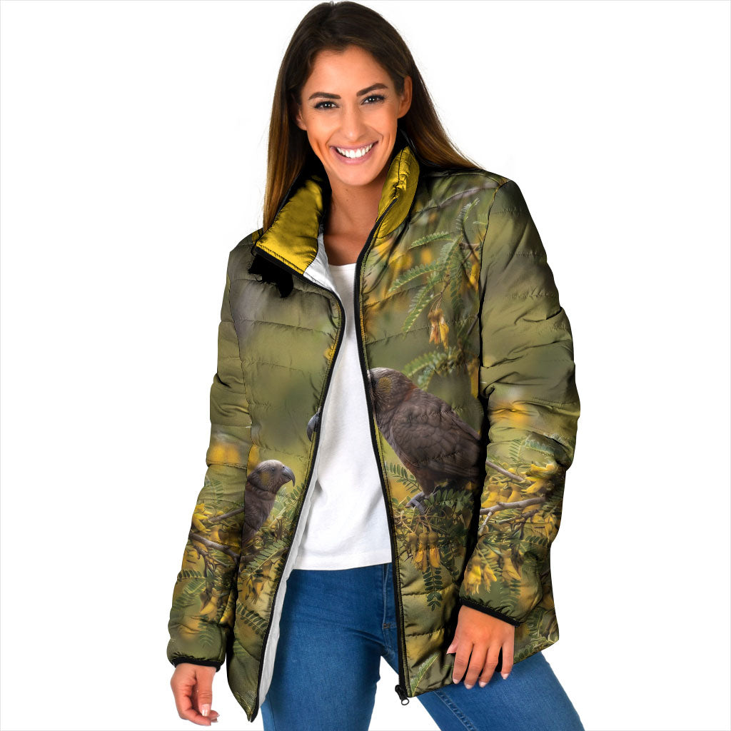 New Zealand Kaka Bird Padded Jacket Kowhai Flower Landscape Style