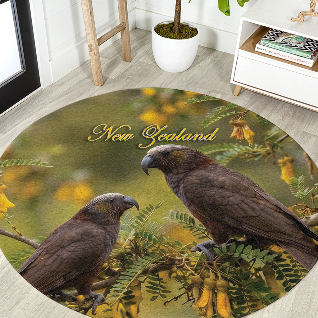 New Zealand Kaka Bird Round Carpet Kowhai Flower Landscape Style