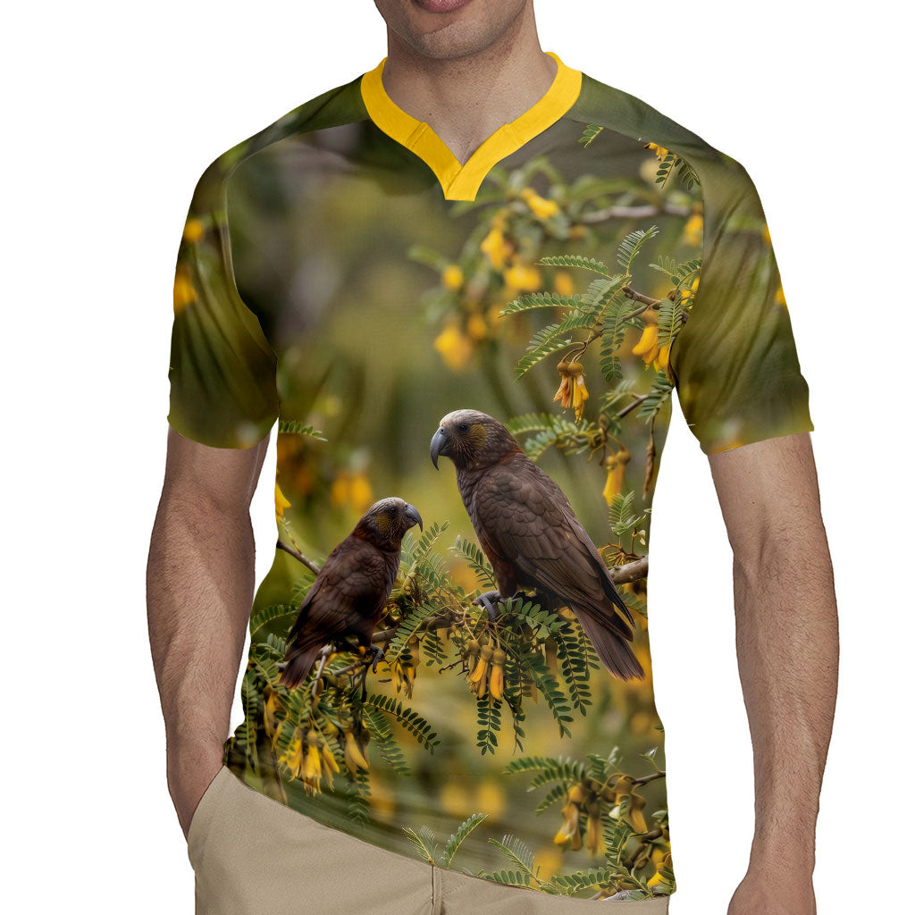 New Zealand Kaka Bird Rugby Jersey Kowhai Flower Landscape Style LT22 - Polynesian Pride