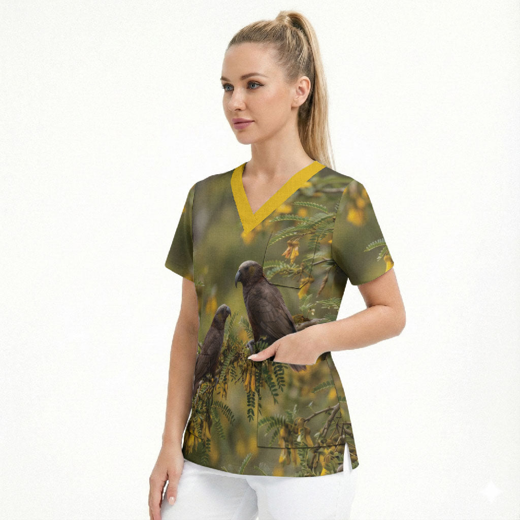 New Zealand Kaka Bird Scrub Top Kowhai Flower Landscape Style