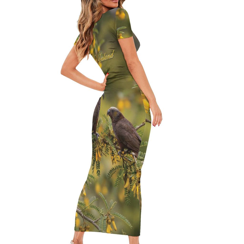New Zealand Kaka Bird Short Sleeve Bodycon Dress Kowhai Flower Landscape Style