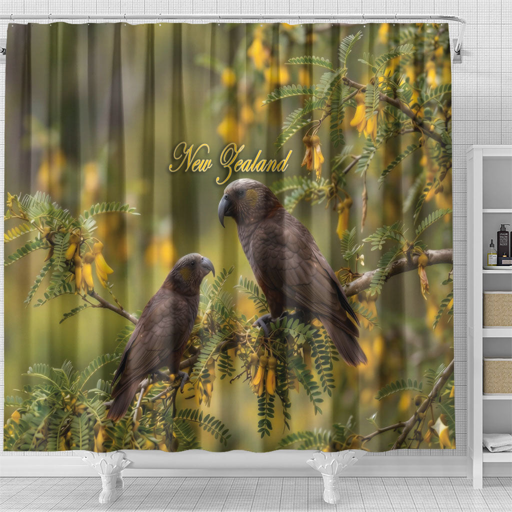 New Zealand Kaka Bird Shower Curtain Kowhai Flower Landscape Style LT22 - Polynesian Pride
