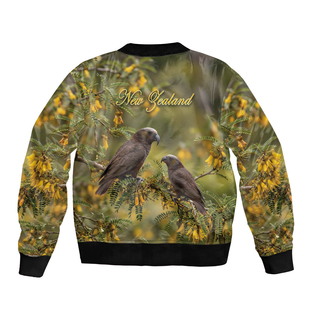 New Zealand Kaka Bird Sleeve Zip Bomber Jacket Kowhai Flower Landscape Style