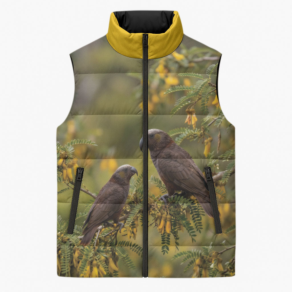 New Zealand Kaka Bird Sleeveless Puffer Jacket Kowhai Flower Landscape Style LT22 Unisex Green - Polynesian Pride