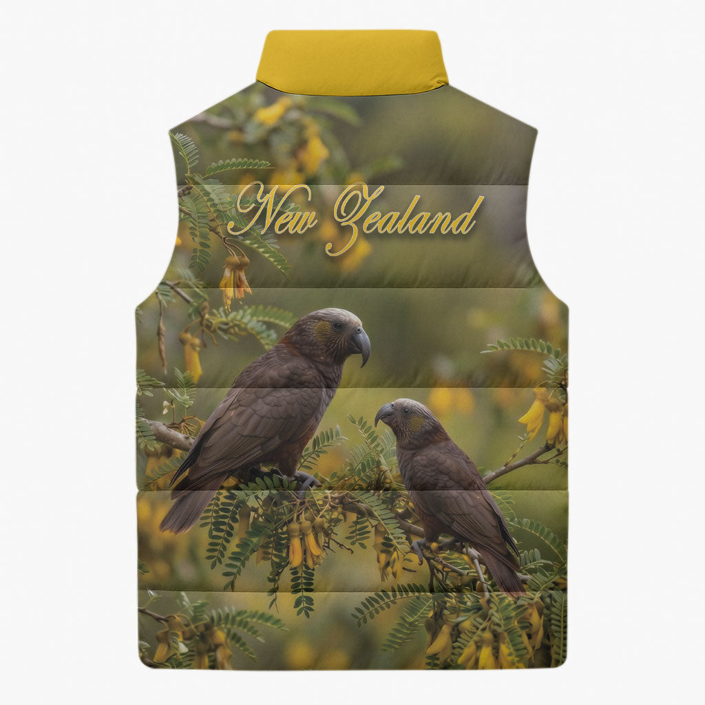 New Zealand Kaka Bird Sleeveless Puffer Jacket Kowhai Flower Landscape Style LT22 - Polynesian Pride