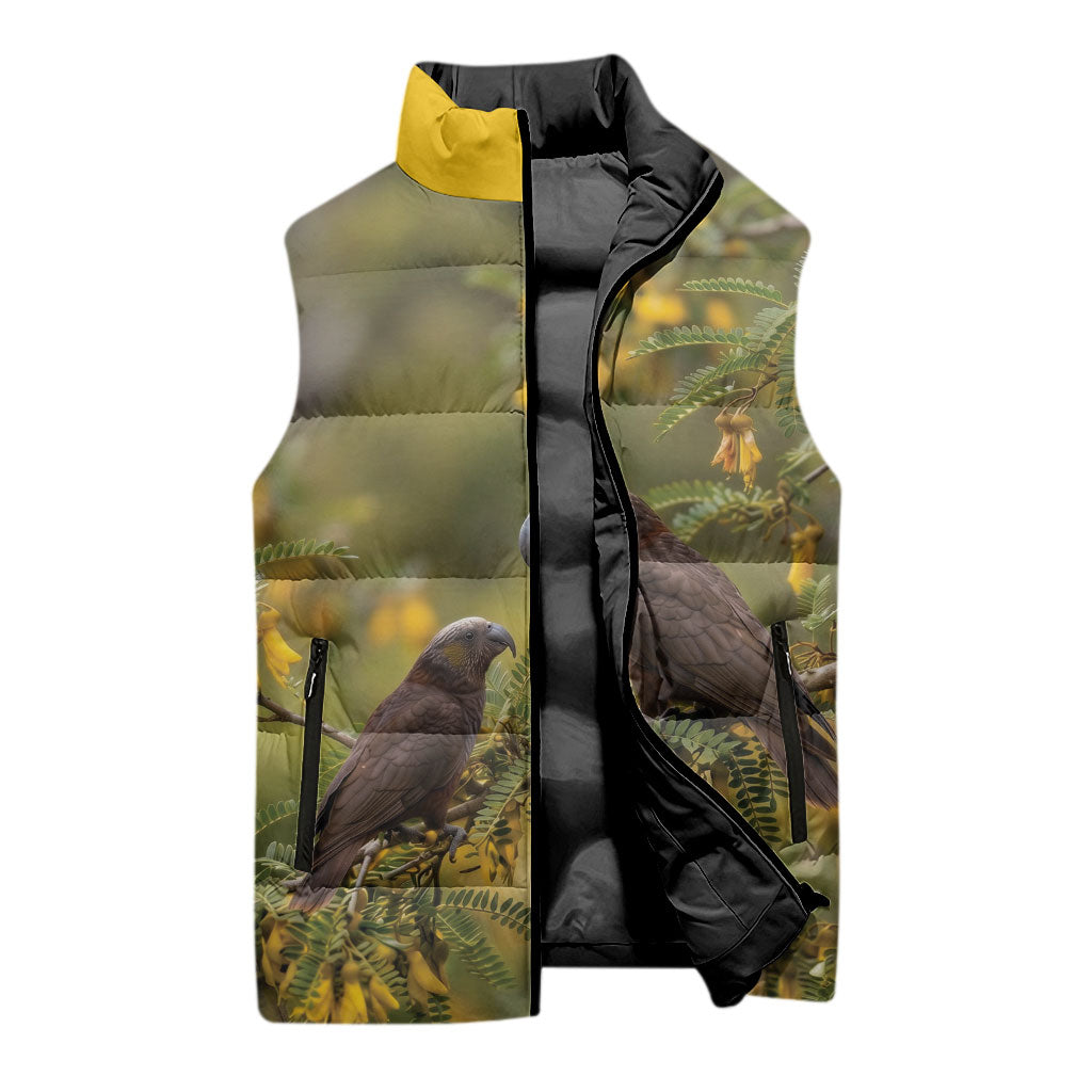 New Zealand Kaka Bird Sleeveless Puffer Jacket Kowhai Flower Landscape Style LT22 - Polynesian Pride
