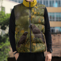 New Zealand Kaka Bird Sleeveless Puffer Jacket Kowhai Flower Landscape Style LT22 - Polynesian Pride
