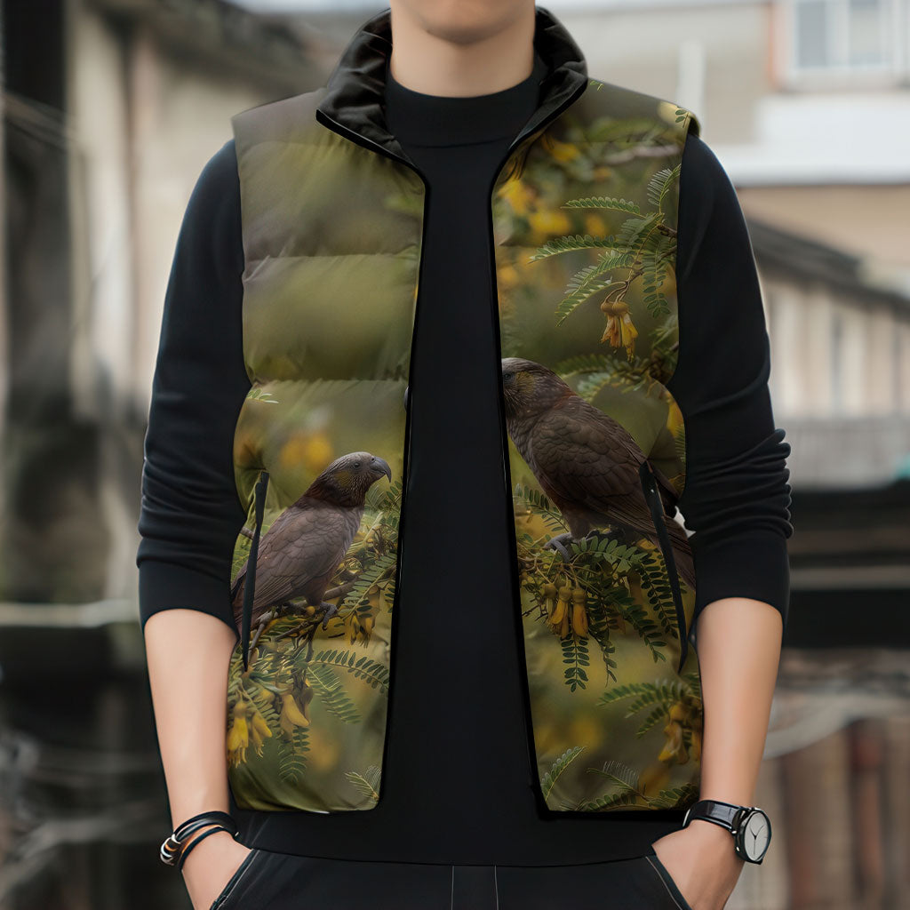 New Zealand Kaka Bird Sleeveless Puffer Jacket Kowhai Flower Landscape Style LT22 - Polynesian Pride