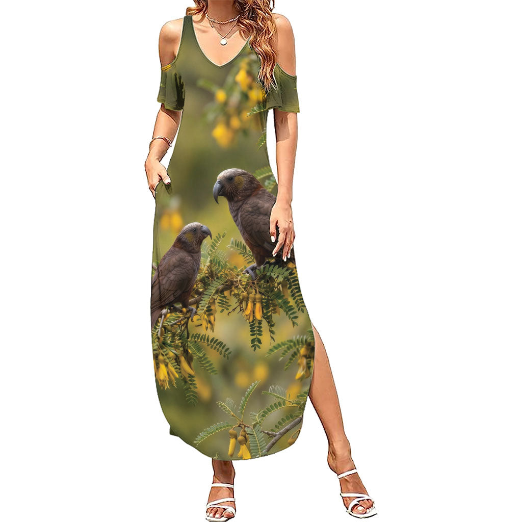New Zealand Kaka Bird Summer Maxi Dress Kowhai Flower Landscape Style