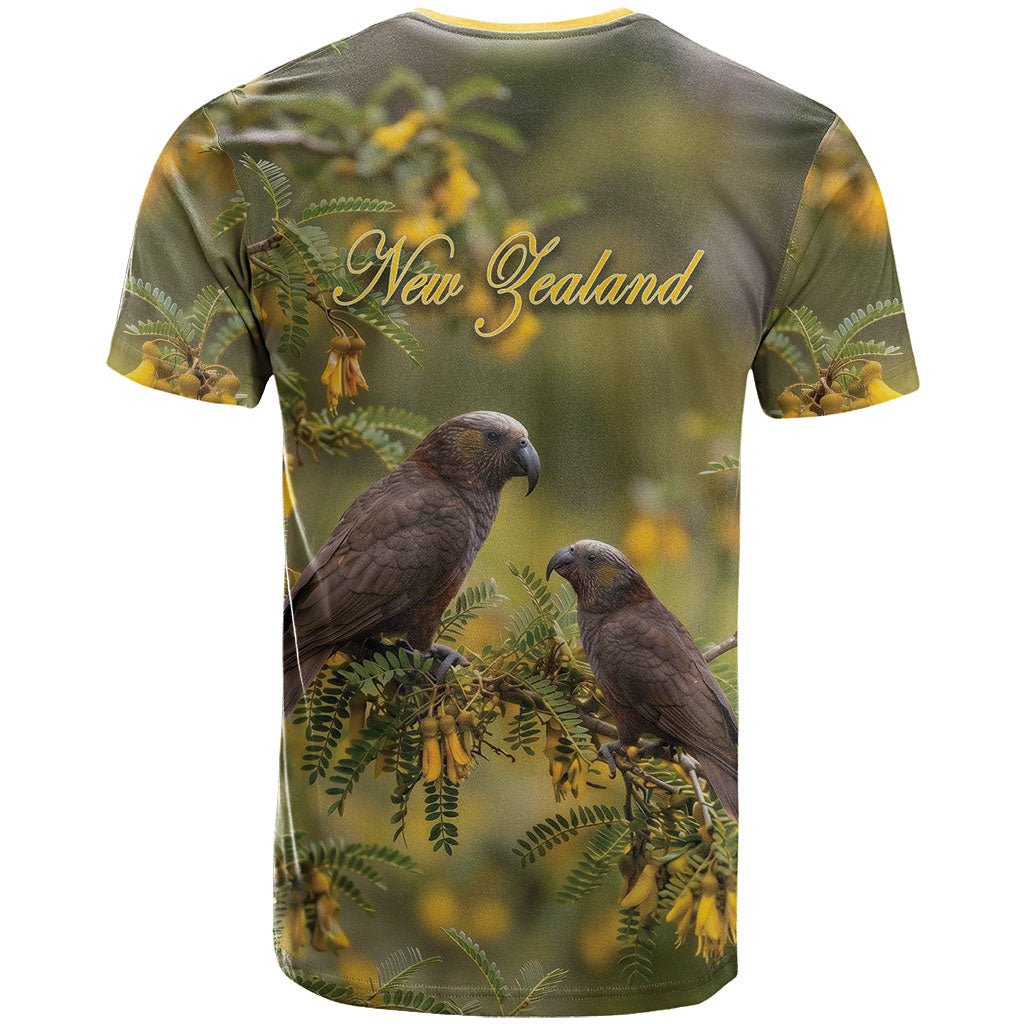 New Zealand Kaka Bird T Shirt Kowhai Flower Landscape Style
