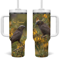 New Zealand Kaka Bird Tumbler With Handle Kowhai Flower Landscape Style LT22 One Size: 40 oz Green - Polynesian Pride