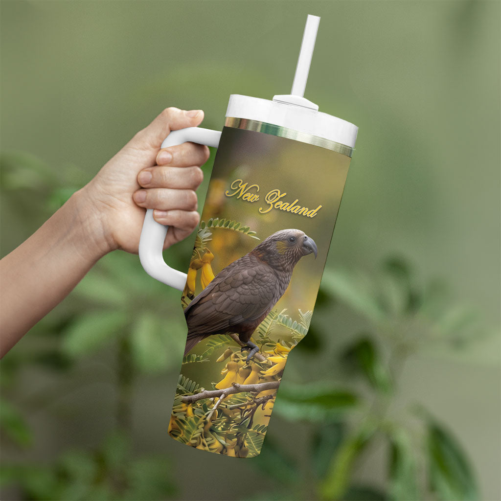 New Zealand Kaka Bird Tumbler With Handle Kowhai Flower Landscape Style LT22 - Polynesian Pride