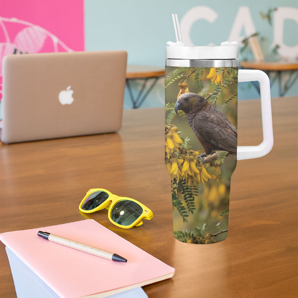 New Zealand Kaka Bird Tumbler With Handle Kowhai Flower Landscape Style LT22 - Polynesian Pride