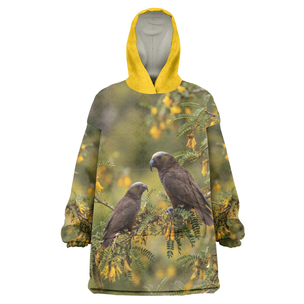 New Zealand Kaka Bird Wearable Blanket Hoodie Kowhai Flower Landscape Style