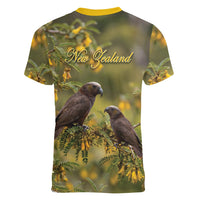 New Zealand Kaka Bird Women V-Neck T-Shirt Kowhai Flower Landscape Style