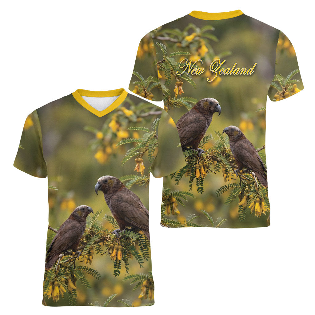 New Zealand Kaka Bird Women V-Neck T-Shirt Kowhai Flower Landscape Style