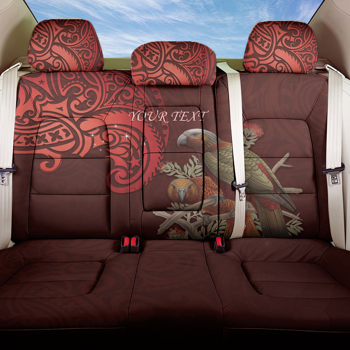 New Zealand Kaka Bird Personalised Back Car Seat Cover Pohutukawa Matariki Maori Pattern LT22 One Size Red - Polynesian Pride