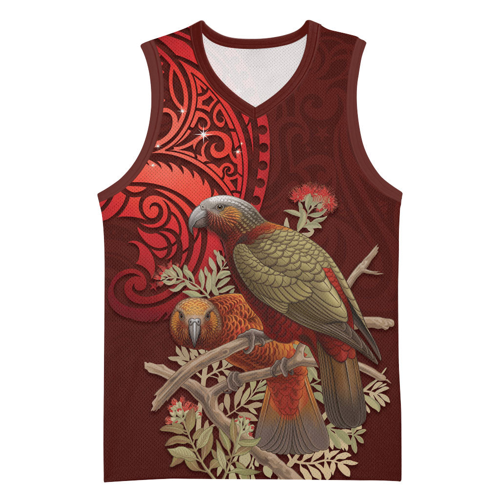 New Zealand Kaka Bird Personalised Basketball Jersey Pohutukawa Matariki Maori Pattern