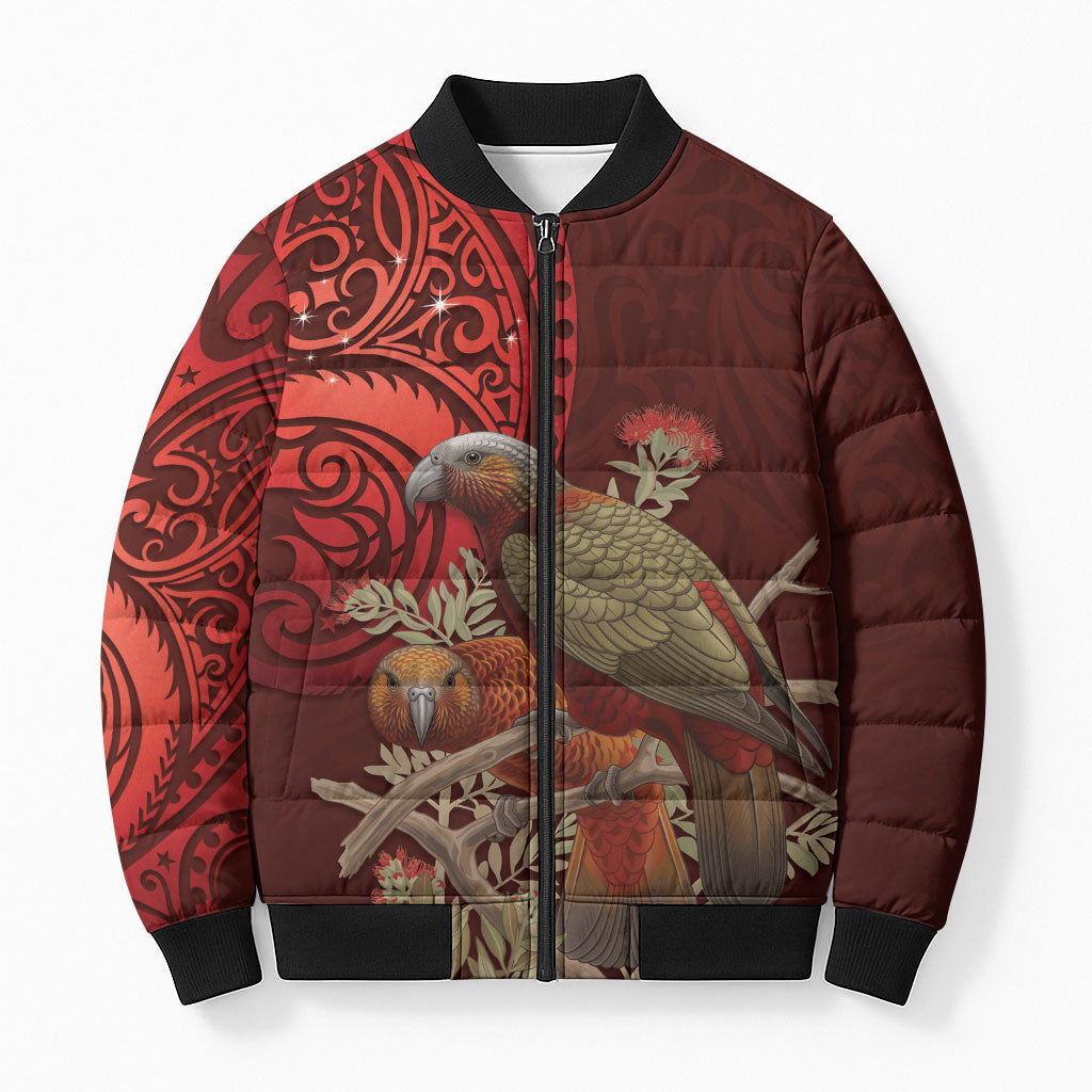 New Zealand Kaka Bird Personalised Bomber Puffer Jacket Pohutukawa Matariki Maori Pattern