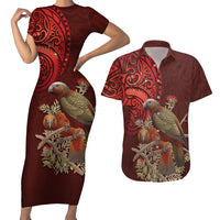 New Zealand Kaka Bird Personalised Couples Matching Short Sleeve Bodycon Dress and Hawaiian Shirt Pohutukawa Matariki Maori Pattern