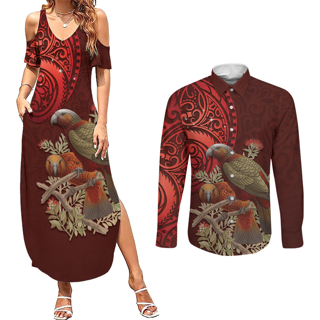 New Zealand Kaka Bird Personalised Couples Matching Summer Maxi Dress and Long Sleeve Button Shirt Pohutukawa Matariki Maori Pattern
