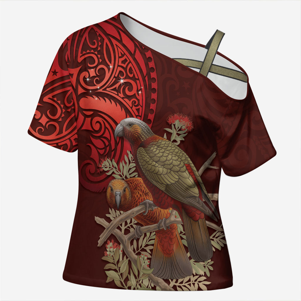 New Zealand Kaka Bird Personalised Cross Shoulder Shirt Pohutukawa Matariki Maori Pattern LT22 Female Red - Polynesian Pride