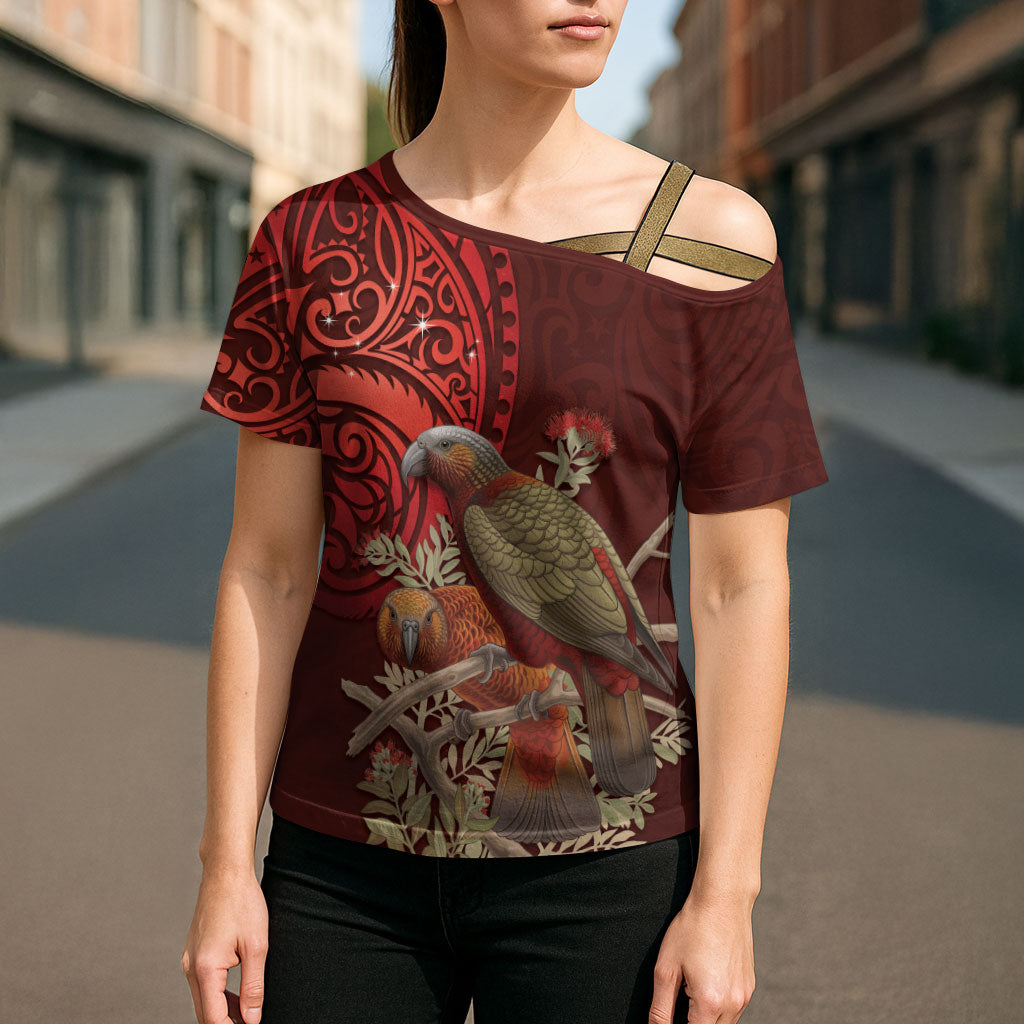 New Zealand Kaka Bird Personalised Cross Shoulder Shirt Pohutukawa Matariki Maori Pattern LT22 - Polynesian Pride