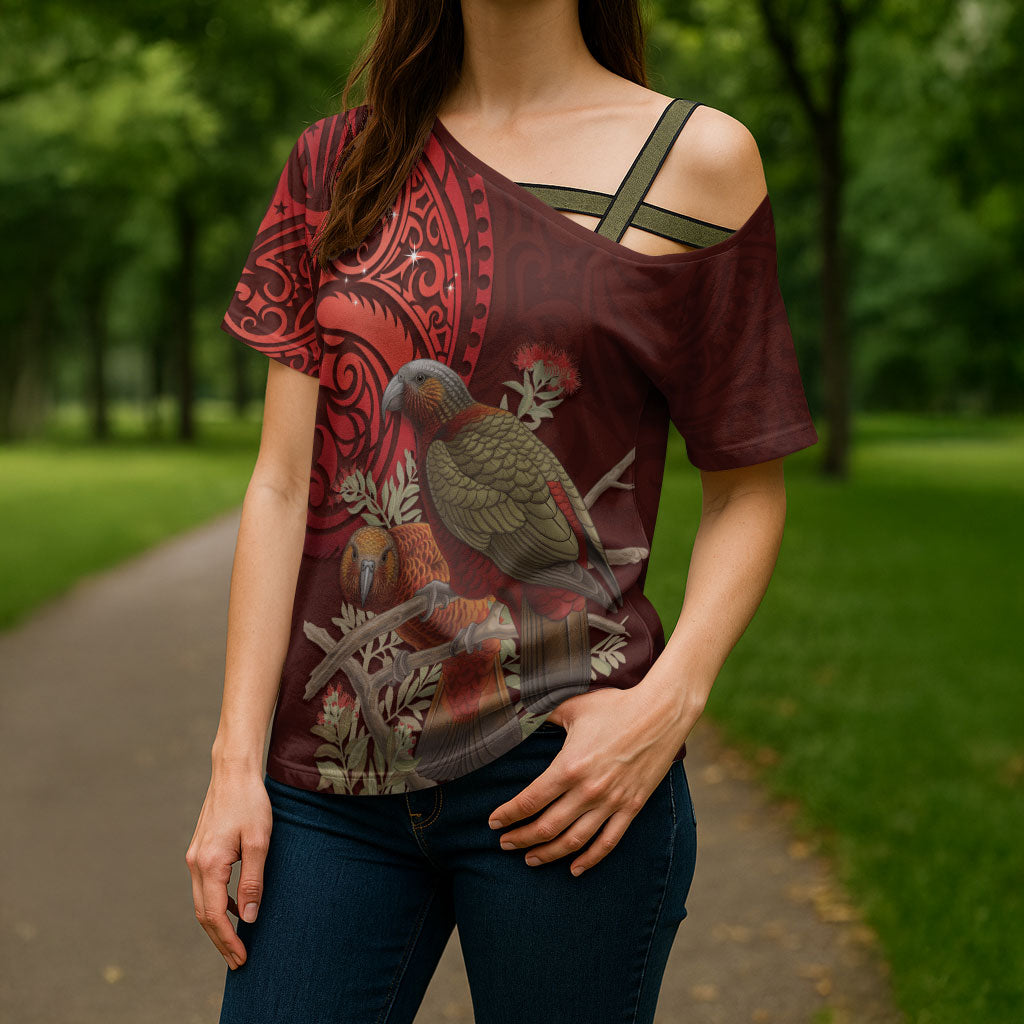 New Zealand Kaka Bird Personalised Cross Shoulder Shirt Pohutukawa Matariki Maori Pattern LT22 - Polynesian Pride