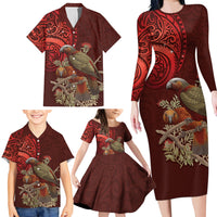 New Zealand Kaka Bird Personalised Family Matching Long Sleeve Bodycon Dress and Hawaiian Shirt Pohutukawa Matariki Maori Pattern