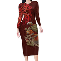 New Zealand Kaka Bird Personalised Family Matching Long Sleeve Bodycon Dress and Hawaiian Shirt Pohutukawa Matariki Maori Pattern