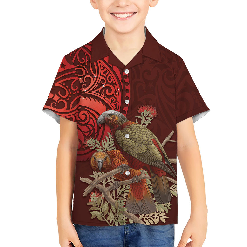 New Zealand Kaka Bird Personalised Family Matching Long Sleeve Bodycon Dress and Hawaiian Shirt Pohutukawa Matariki Maori Pattern