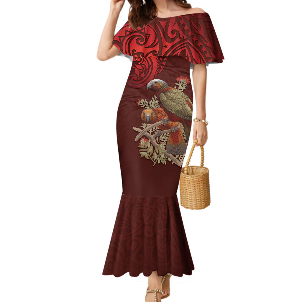 New Zealand Kaka Bird Personalised Family Matching Mermaid Dress and Hawaiian Shirt Pohutukawa Matariki Maori Pattern