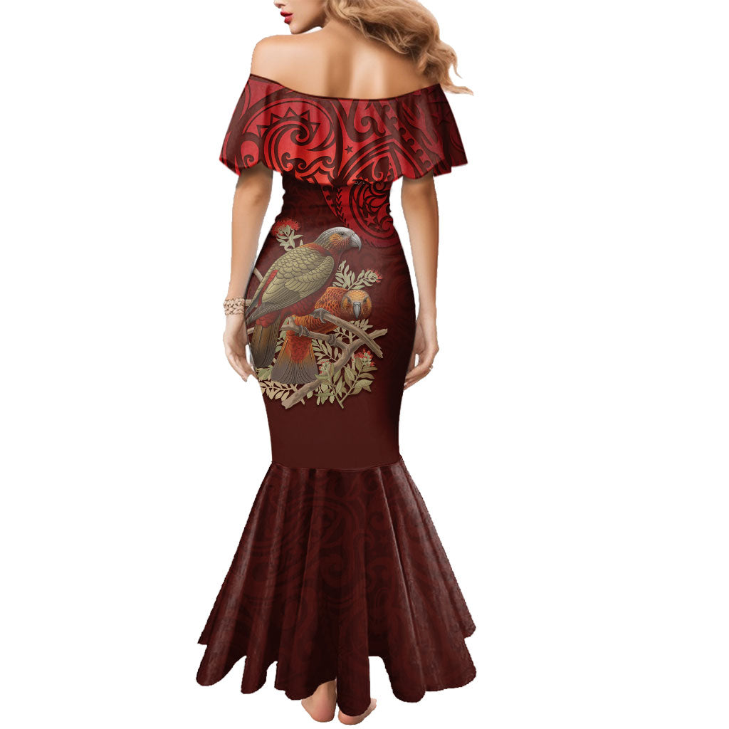 New Zealand Kaka Bird Personalised Family Matching Mermaid Dress and Hawaiian Shirt Pohutukawa Matariki Maori Pattern