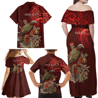 New Zealand Kaka Bird Personalised Family Matching Off Shoulder Maxi Dress and Hawaiian Shirt Pohutukawa Matariki Maori Pattern