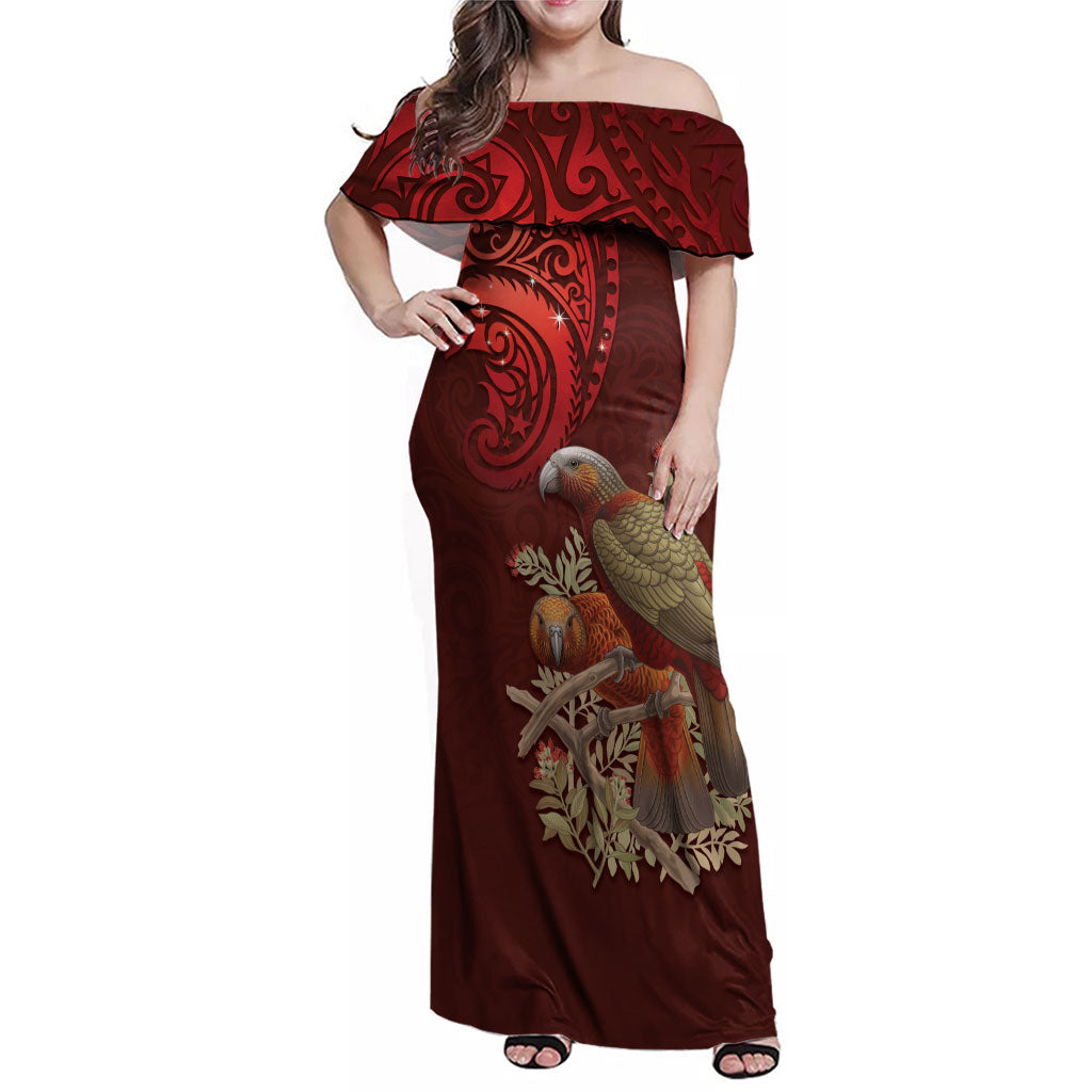 New Zealand Kaka Bird Personalised Family Matching Off Shoulder Maxi Dress and Hawaiian Shirt Pohutukawa Matariki Maori Pattern