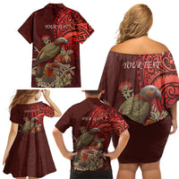 New Zealand Kaka Bird Personalised Family Matching Off Shoulder Short Dress and Hawaiian Shirt Pohutukawa Matariki Maori Pattern