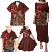 New Zealand Kaka Bird Personalised Family Matching Puletasi and Hawaiian Shirt Pohutukawa Matariki Maori Pattern