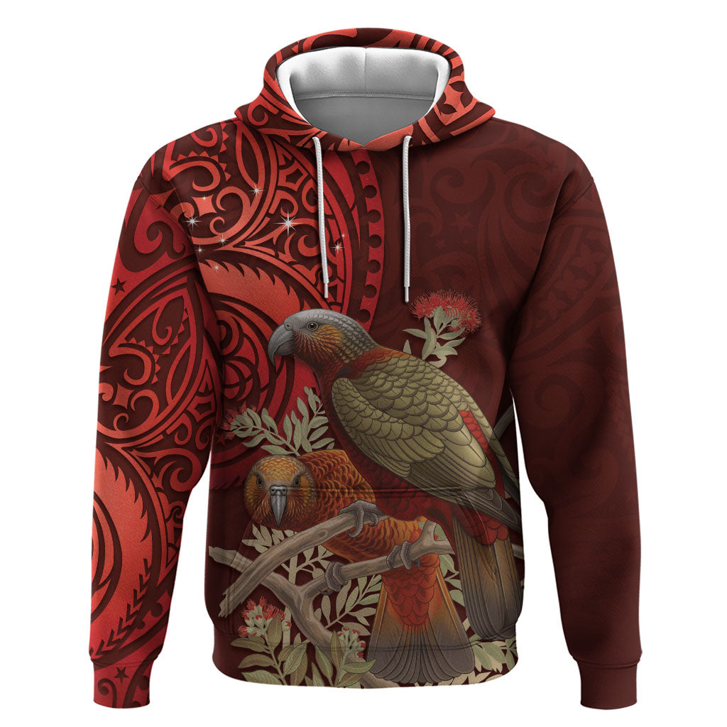 New Zealand Kaka Bird Personalised Hoodie Pohutukawa Matariki Maori Pattern LT22 Pullover Hoodie Red - Polynesian Pride